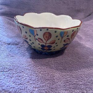 DUTCH WAX green anthropolgie  floral 6" bowl, hand painted ceramic